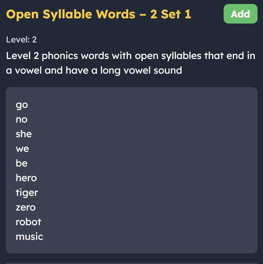 Open syllable word list