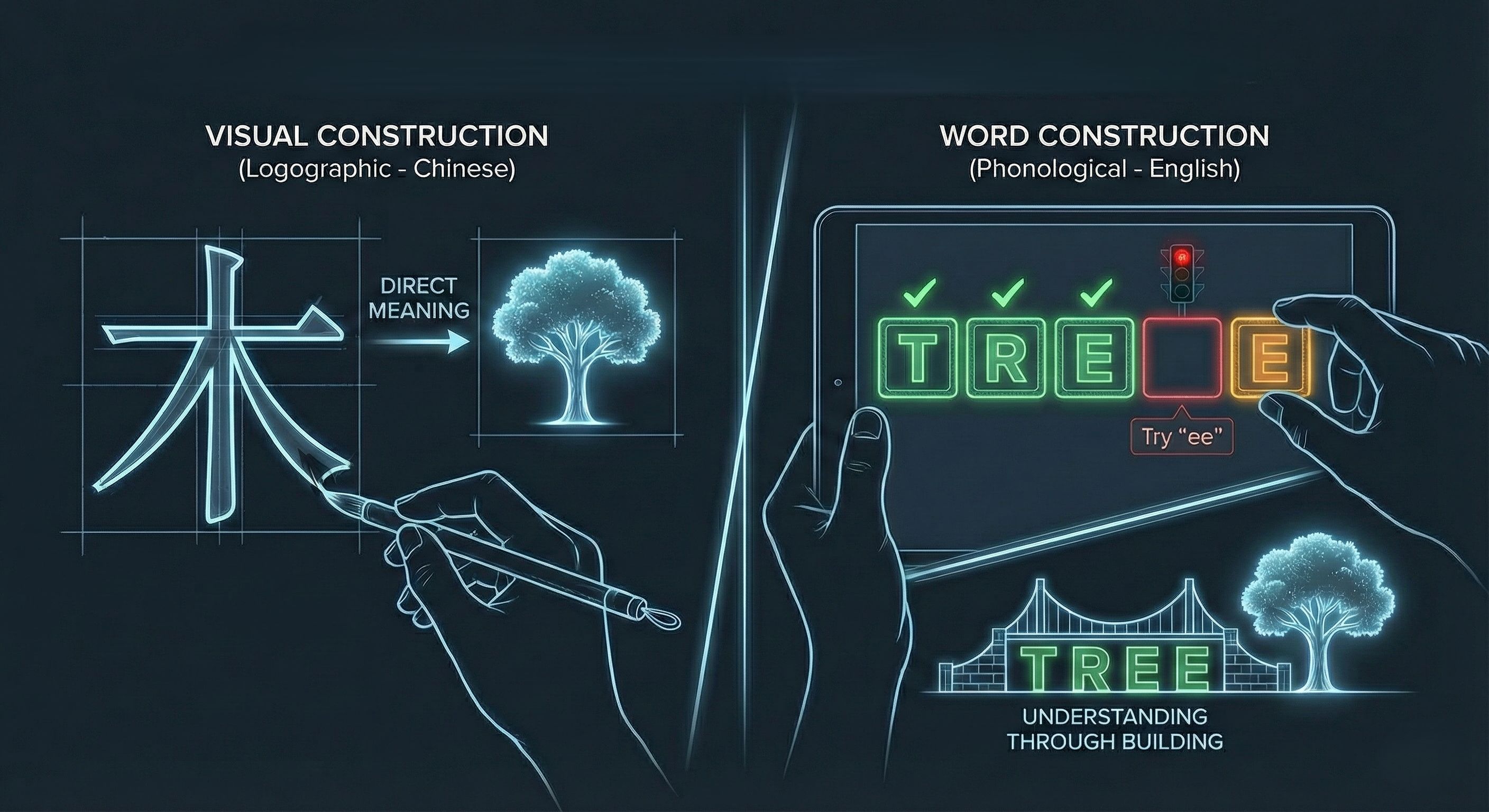 Image comparing word construction in Chinese drawing a tree with construction in English arranging the letters
