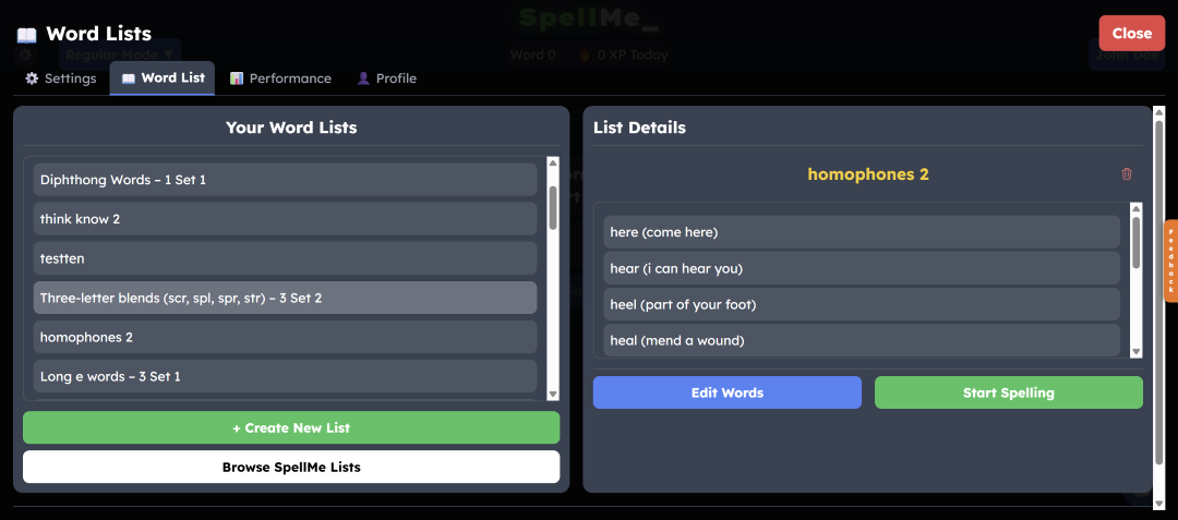 Screenshot of the updated word list settings